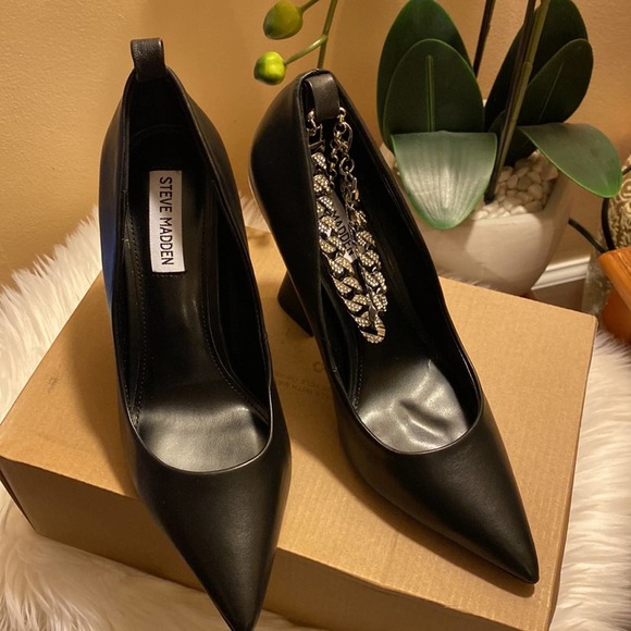 Steve Madden Womens Zippy Bell-Heel Chaine Black Leather 8M - Picture 4 of 7